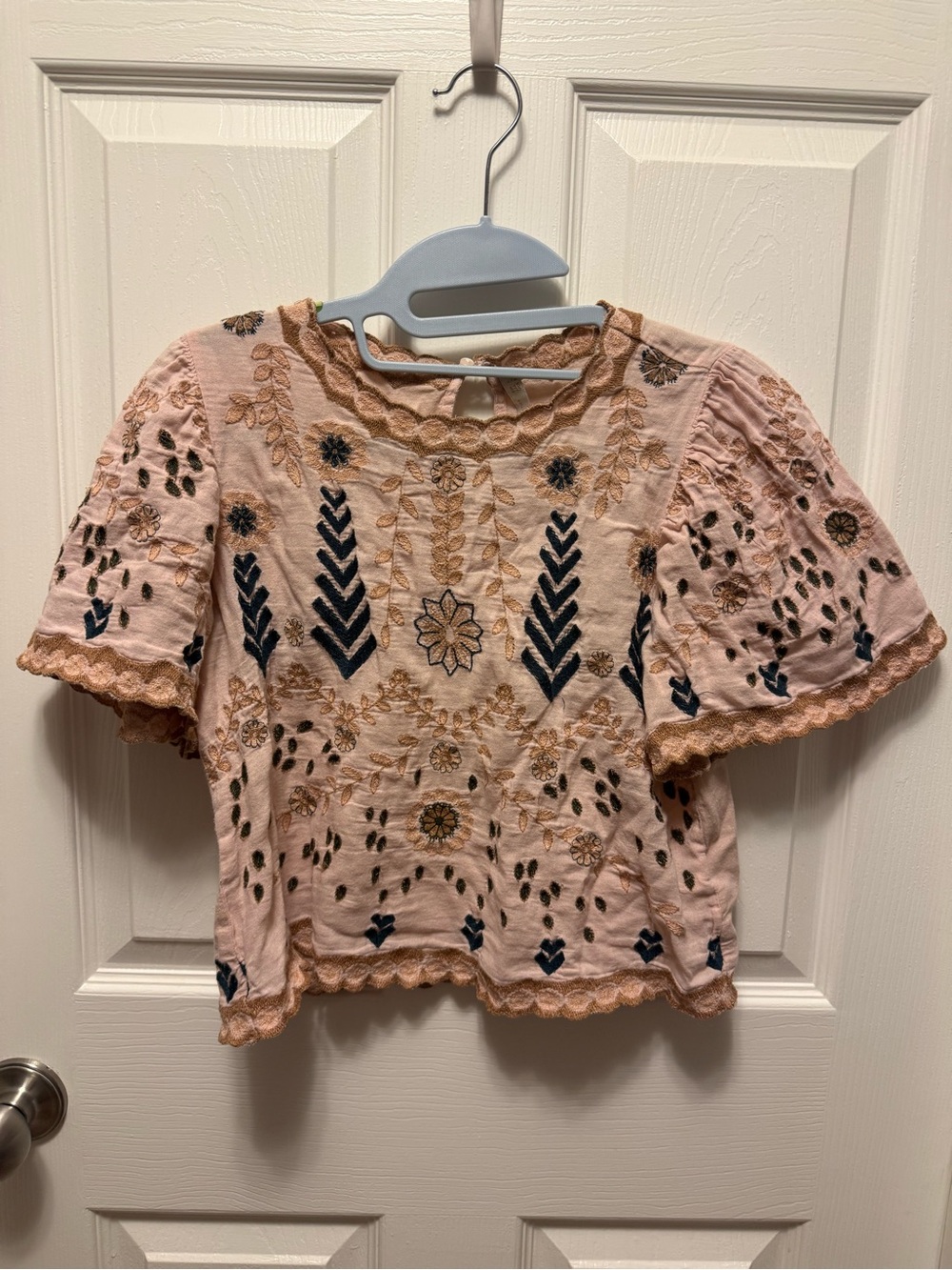 Zara Pink Embroidered Short Sleeve Blouse